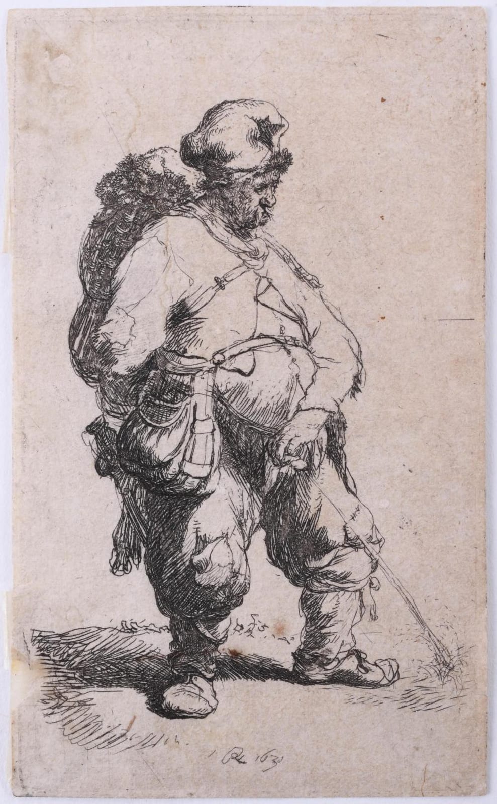 Etching print of a bearded man in profile, holding a vessel near his mouth and pouring water into it.