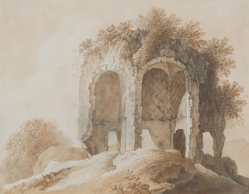 Johann Christian Klengel comparable auction result: johann christian klengel bewachsene tempelruine das nymph um des tempels der minerva medica auf einem h gel