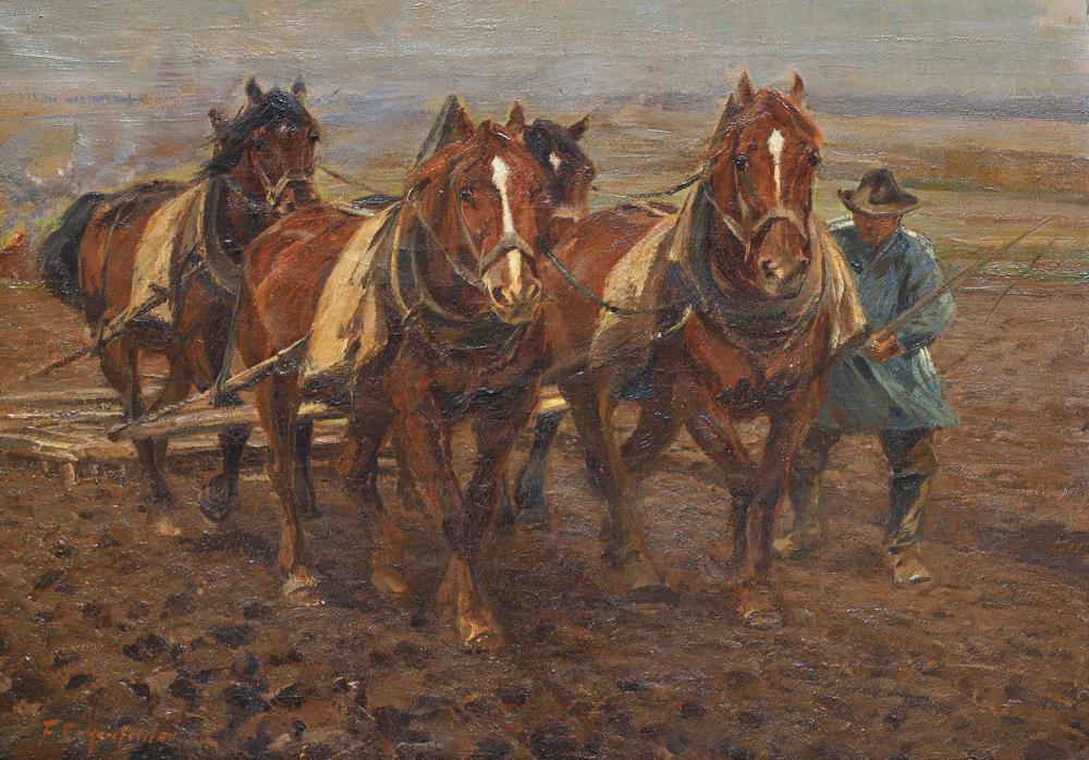 Friedrich Eckenfelder comparable auction result: friedrich eckenfelder bauer mit seiner mit vier arbeitspferden bespannten egge auf dem feld