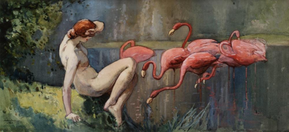 Sydney Long comparable auction result: sydney long 1871 1955 flamingoes 1920 watercolour on paper 34 x 74 5 cm