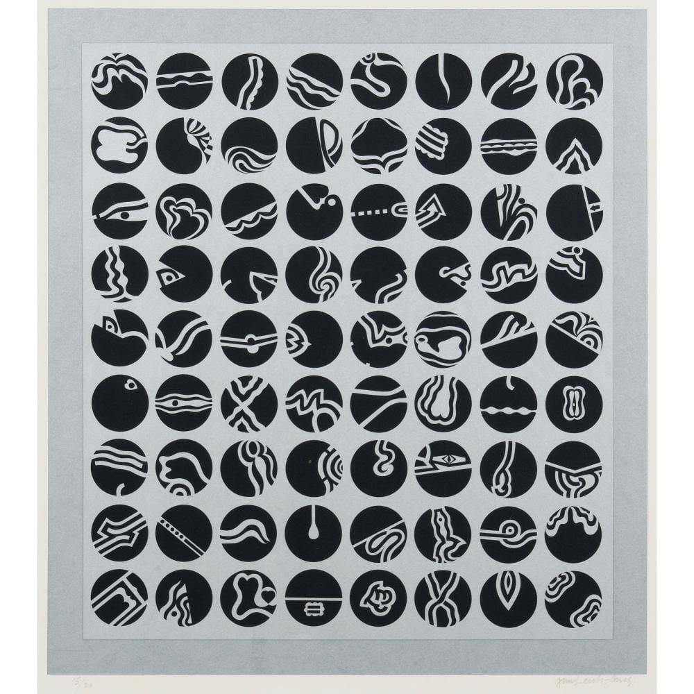 Alun Leach-Jones comparable auction result: alun leach jones 1937 2017 black and silver seventy two discs 1968 screenprint ed 15 20 52 5 x 47cm image 73 x 66cm sheet