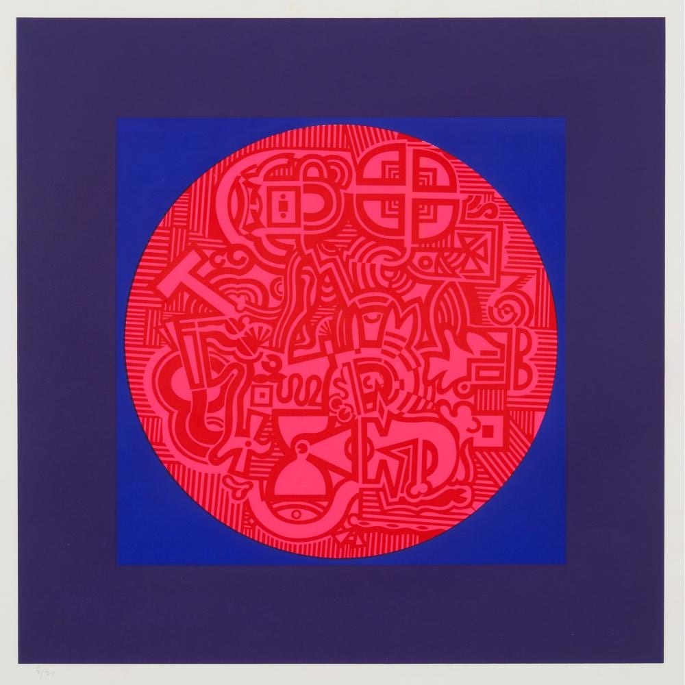 Alun Leach-Jones comparable auction result: alun leach jones 1937 2017 pink disc 1967 screenprint ed 5 20 50 5 x 50 5cm image 74 x 70 5cm sheet 79 x 76cm frame