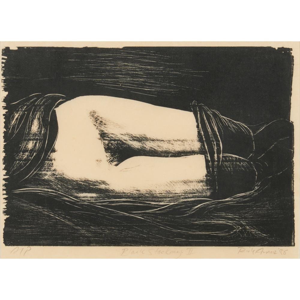 Rick Amor comparable auction result: rick amor born 1948 black stockings ii 1986 woodcut ed a p 24 x 35cm image 50 x 60cm frame
