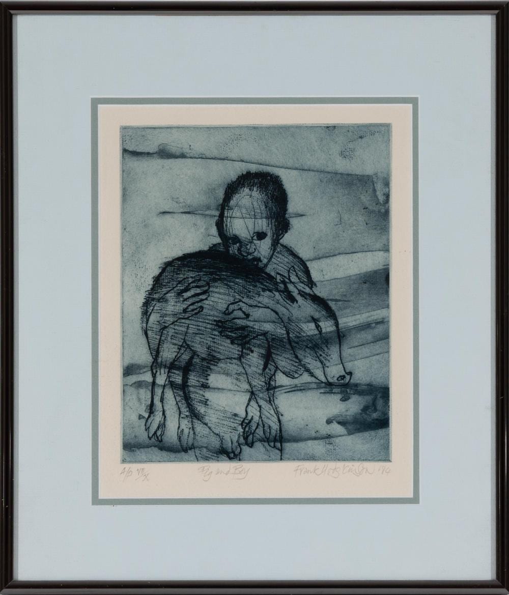 Frank VonderLancken comparable auction result: frank 1919 hodgkinson australian 1919 2001 pig and boy artists proof etching 7 10 25 x 20cm frame size 44 x 38cm