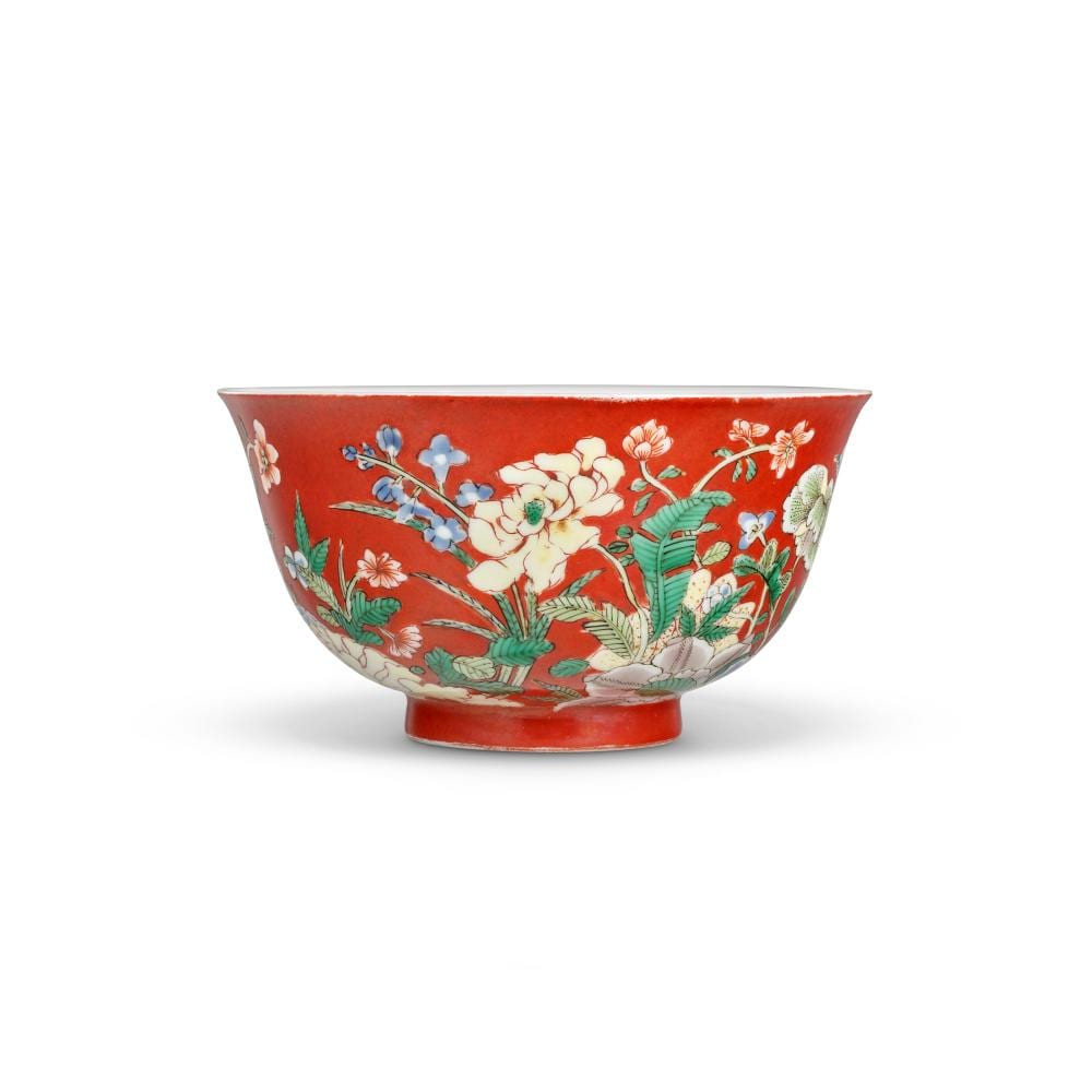 A Fine Coral-Ground Famille Verte 'FLORAL' BOWL. KANGXI FOUR-CHARACTER YUZH comparable sale