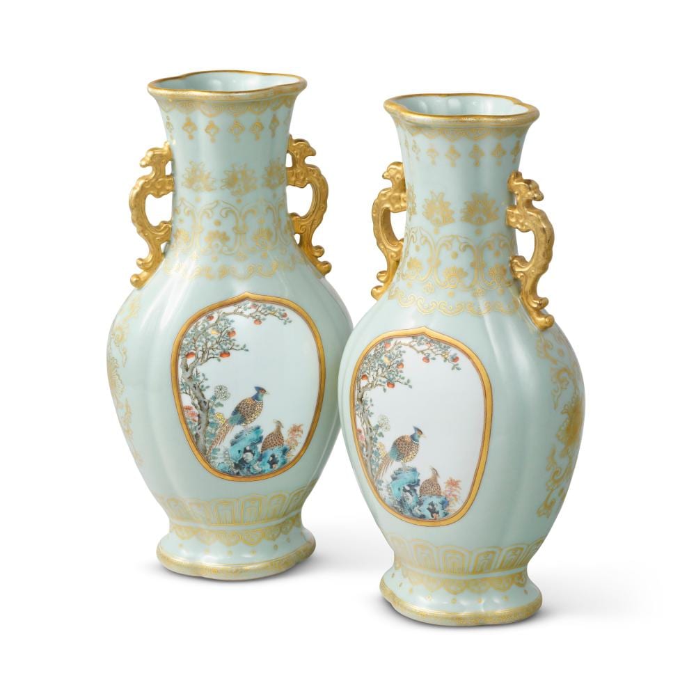 A Fine And Very Rare Pair OF CELADON-GROUND FAMILLE ROSE 'PHEASANT AND.… comparable sale