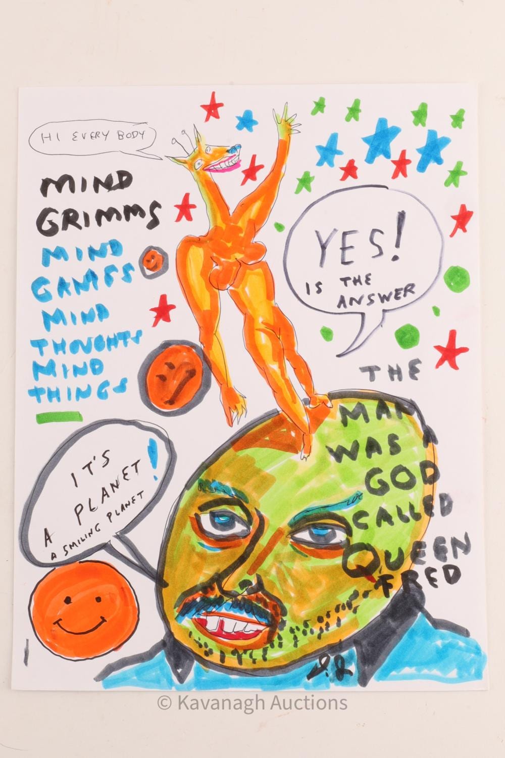 daniel johnston 1961 2019 untitled mind grimms queen fred ink marker drawing signed outsider art · Kavanagh Auctions · 2026-04-25 Daniel Johnston comparable auction result: daniel johnston 1961 2019 untitled mind grimms queen fred ink marker drawing signed outsider art