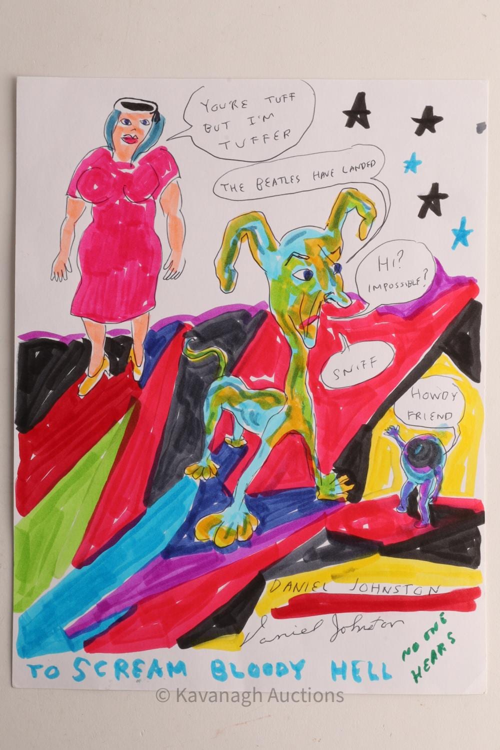 daniel johnston 1961 2019 untitled to scream bloody hell ink marker drawing signed outsider art · Kavanagh Auctions · 2026-04-25 Daniel Johnston comparable auction result: daniel johnston 1961 2019 untitled to scream bloody hell ink marker drawing signed outsider art