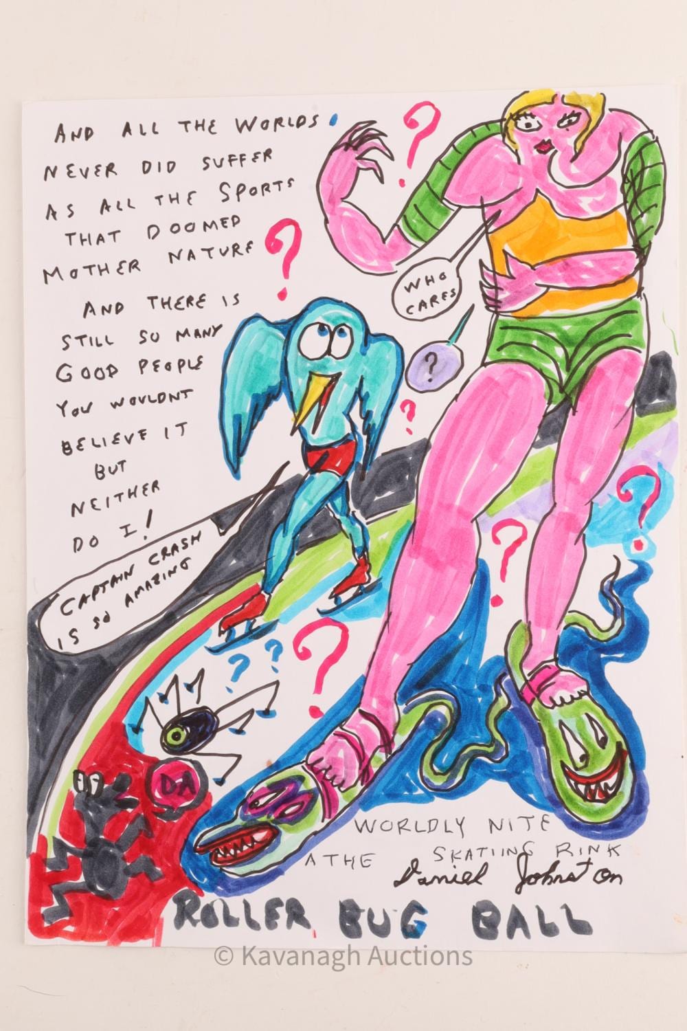 daniel johnston 1961 2019 roller bug ball ink marker drawing signed outsider art · Kavanagh Auctions · 2026-04-25 Daniel Johnston comparable auction result: daniel johnston 1961 2019 roller bug ball ink marker drawing signed outsider art
