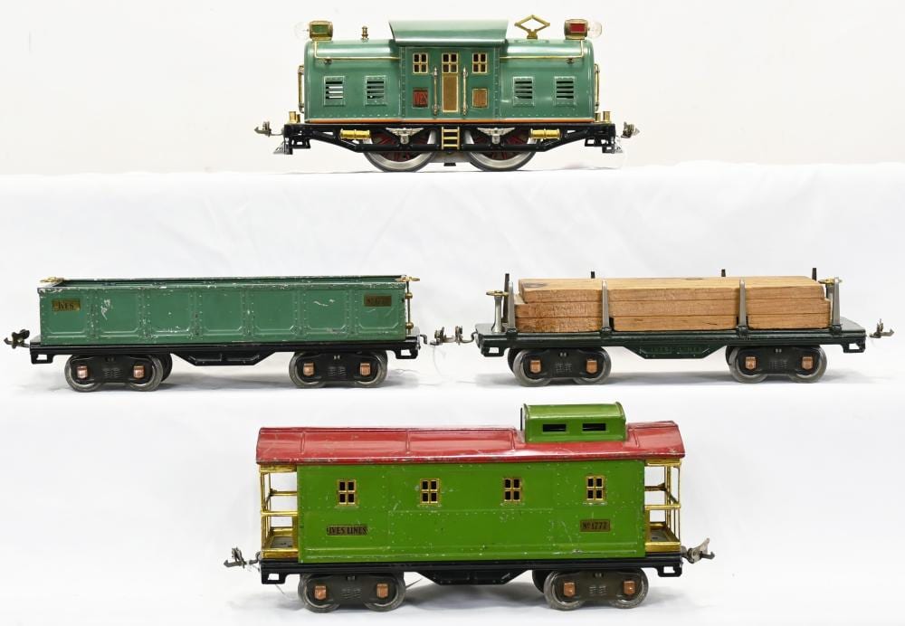 James Merritt Ives comparable auction result: ives lionel transition prewar standard gauge 10e electric locomotive with 1771 lumber flat 1772 gondola and 1777 caboose