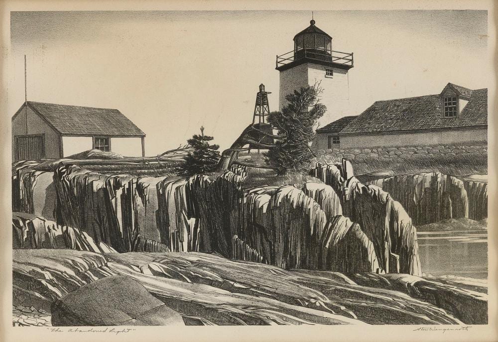Stow Wengenroth comparable auction result: stow wengenroth new york massachusetts 1906 1978 the abandoned light 1940 lithograph 9 25 x 13 25 framed 17 75 x 20 75