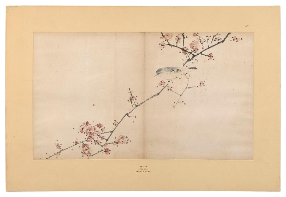 matsumura keibun japan 1779 1843 sparrow on a flowering tree branch shijo school woodblock print 11 x 18 sight matted 16 x 23 · Eldred's · 2026-04-30 Matsumura Keibun comparable auction result: matsumura keibun japan 1779 1843 sparrow on a flowering tree branch shijo school woodblock print 11 x 18 sight matted 16 x 23