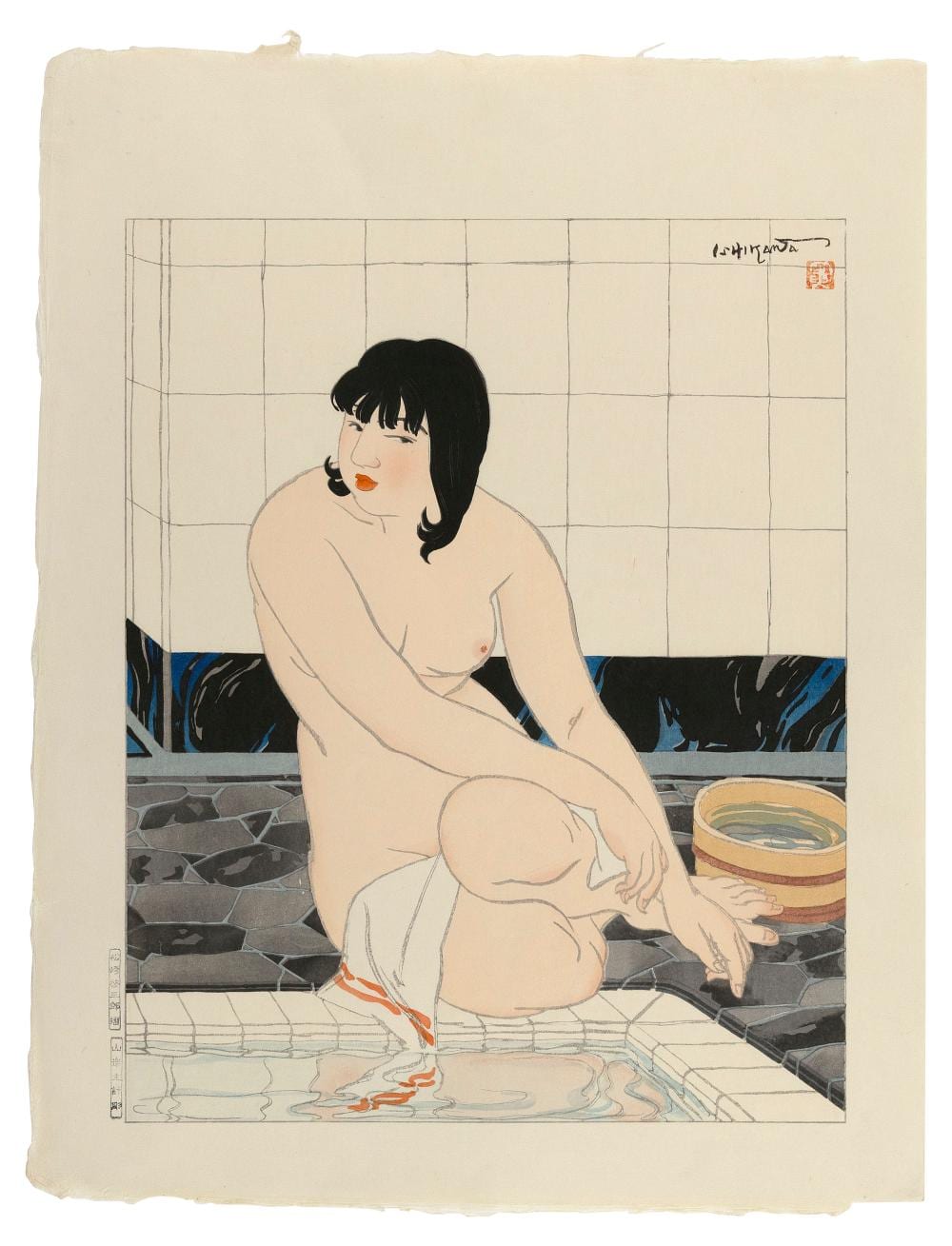 Toraji Ishikawa comparable auction result: ishikawa toraji japan 1875 1964 yokoshitsu nite at the bath woodblock print dai oban tate e 19 x 15 unframed