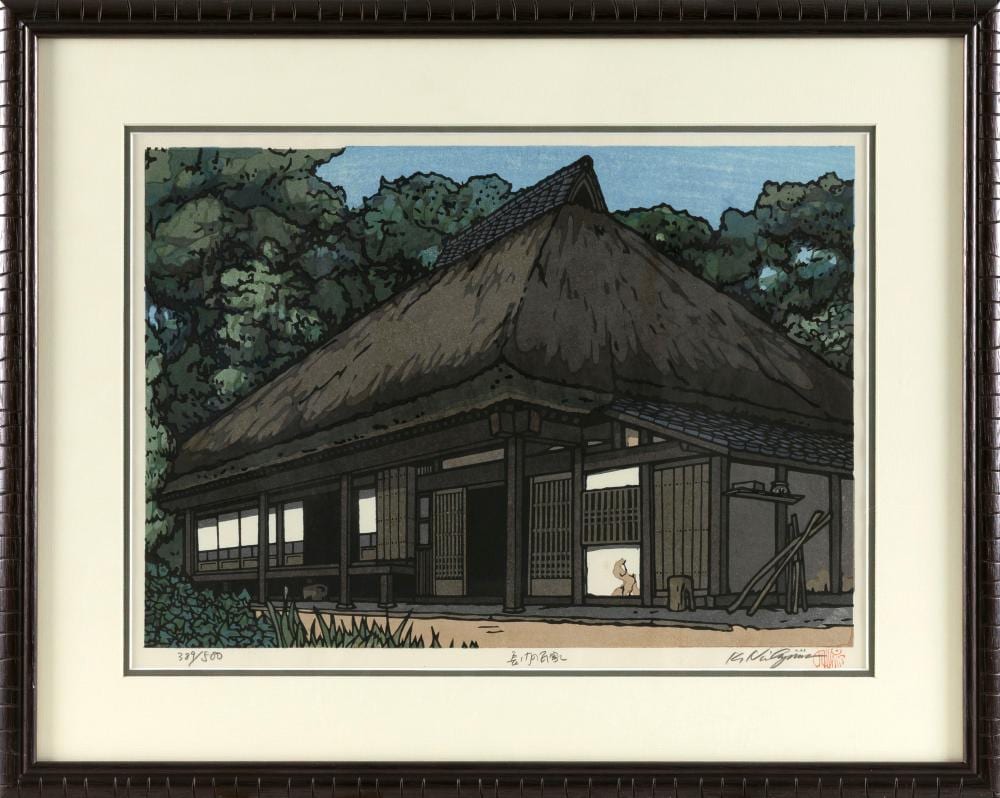 Katsuyuki Nishijima comparable auction result: katsuyuki nishijima japan 1945 nagato no minka atago street woodblock print 12 x 17 sight framed 18 x 22 5