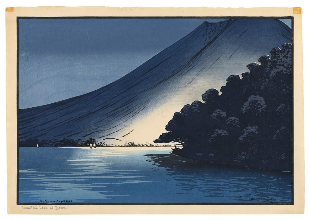 lilian may miller california 1895 1943 mountain lake at dawn woodblock print 13 x 18 5 unframed · Eldred's · 2026-04-30 Lilian May Miller comparable auction result: lilian may miller california 1895 1943 mountain lake at dawn woodblock print 13 x 18 5 unframed