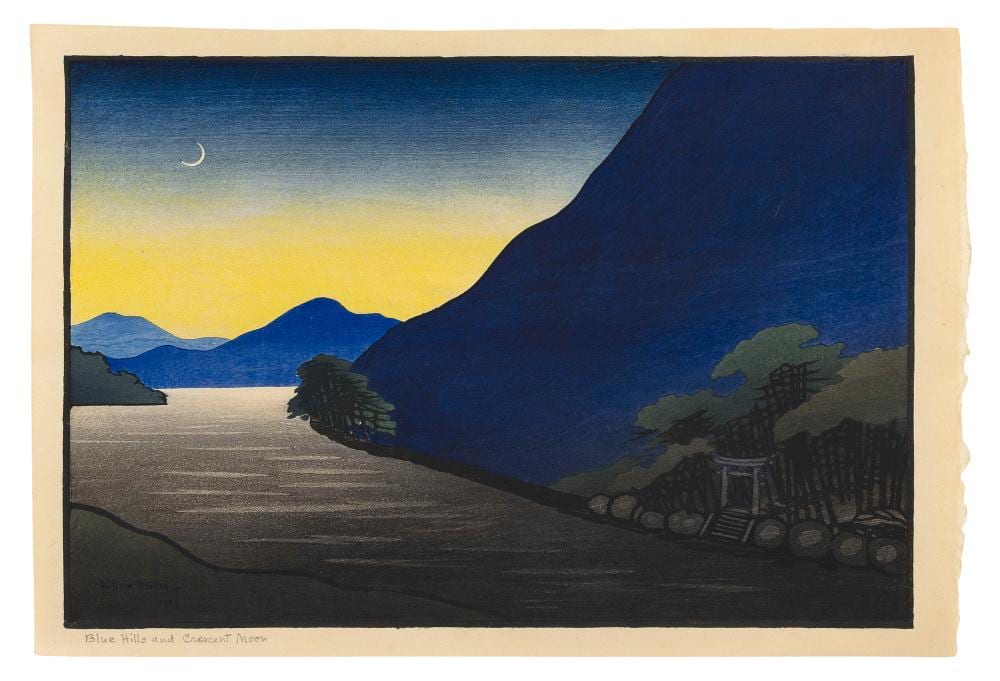 lilian may miller california 1895 1943 blue hills and crescent moon woodblock print oban yoko e 10 25 x 15 unframed · Eldred's · 2026-04-30 Lilian May Miller comparable auction result: lilian may miller california 1895 1943 blue hills and crescent moon woodblock print oban yoko e 10 25 x 15 unframed