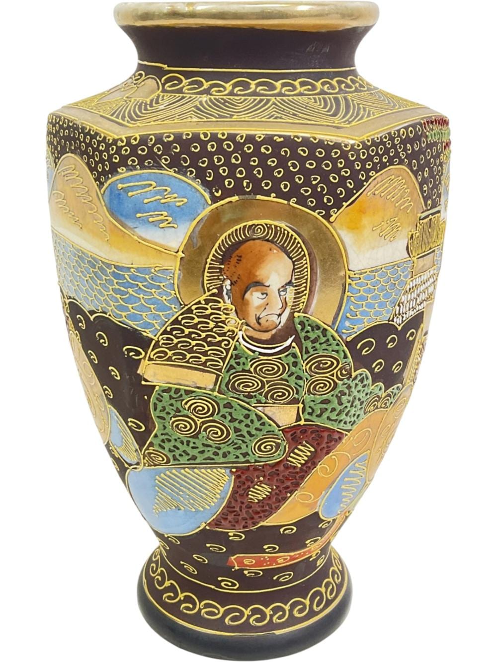 Decorative ceramic vase with dark blue ground, gold scrolling, and a painted warrior figure holding a spear, shown in portrait view.