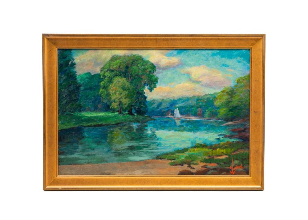 George Jensen comparable auction result: george jensen american 1878 1977 oil on board of river landscape