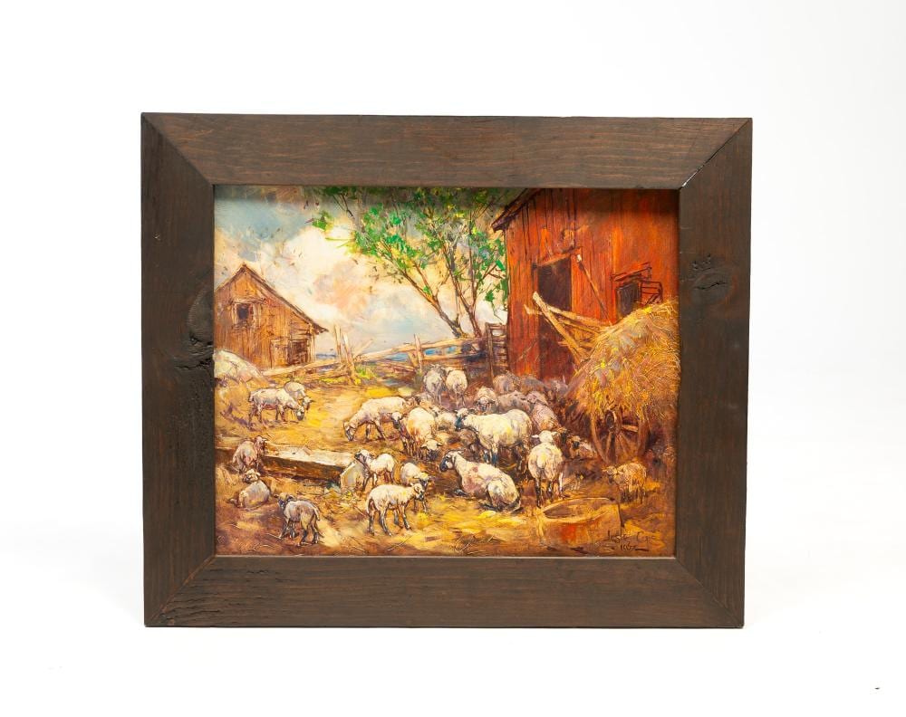 Leslie Cope comparable auction result: leslie cope ohio 1913 2002 oil on board of barnyard scene with sheep