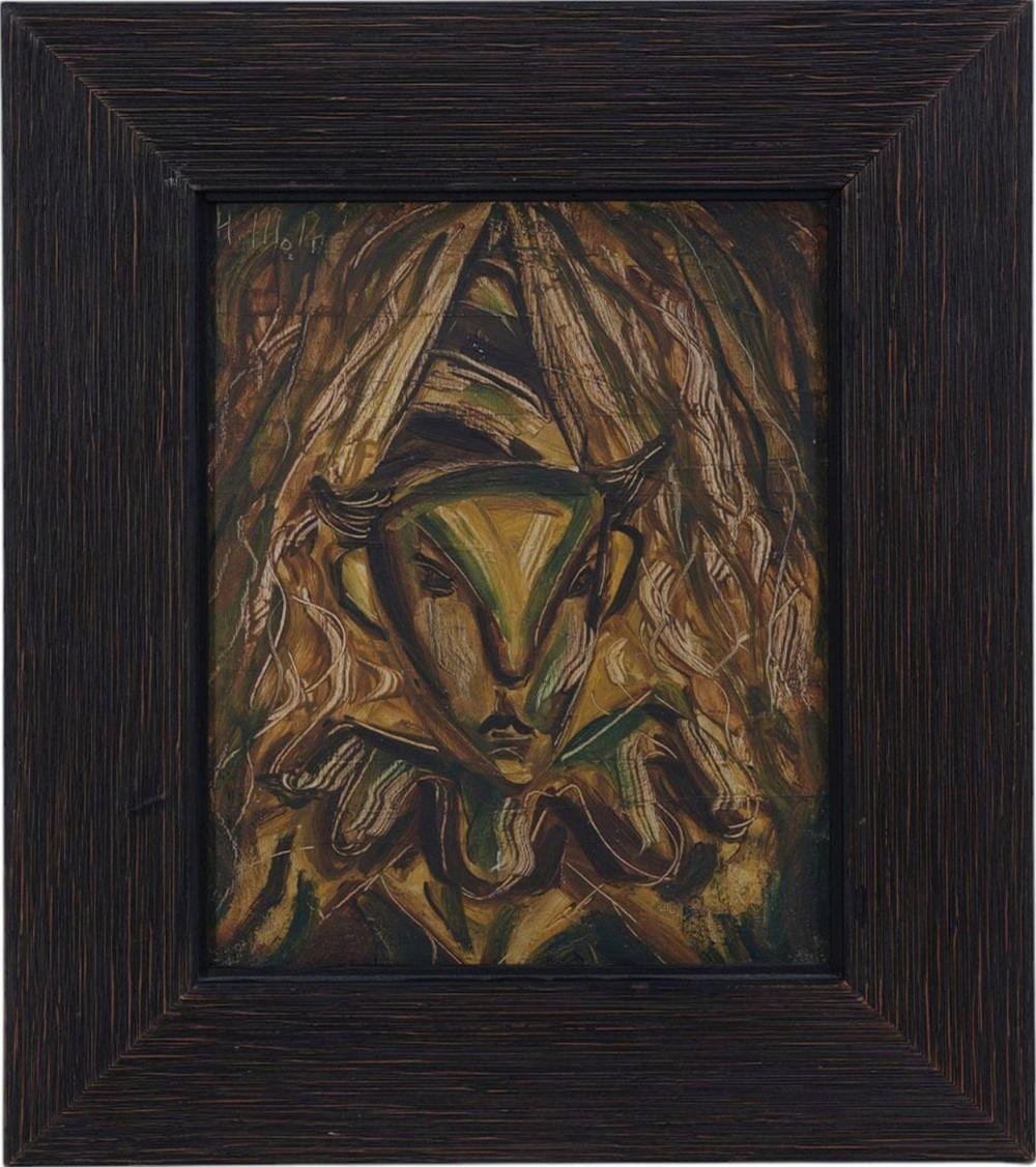 Hector Molne comparable auction result: hector molne cuba b 1935 oil on masonite jester signed inscribed upper left h molne painting size 10 x 8 inches overall framed size 14 1 2 x 12 1 2 inches