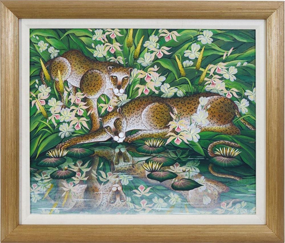 Gustavo Novoa comparable auction result: gustavo novoa chilean american born 1941 oil on board leopard and reflection signed lower right painting 20 x 24 inches overall framed size 25 1 4 x 29 1 2 inches