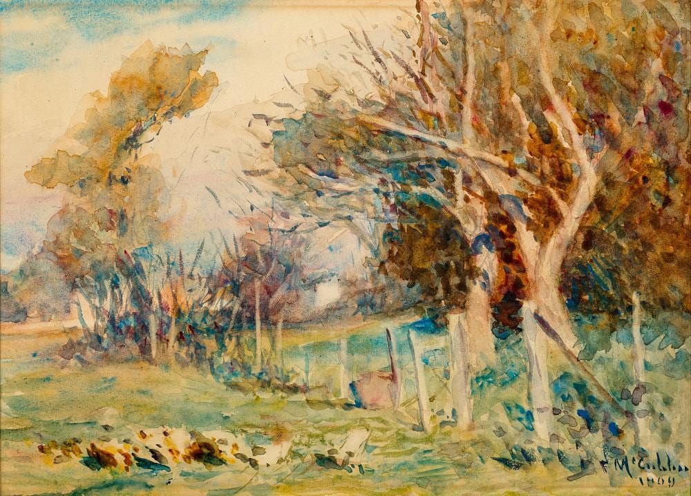 Frederick McCubbin comparable auction result: frederick mccubbin garden at kensington road south yarra 1909