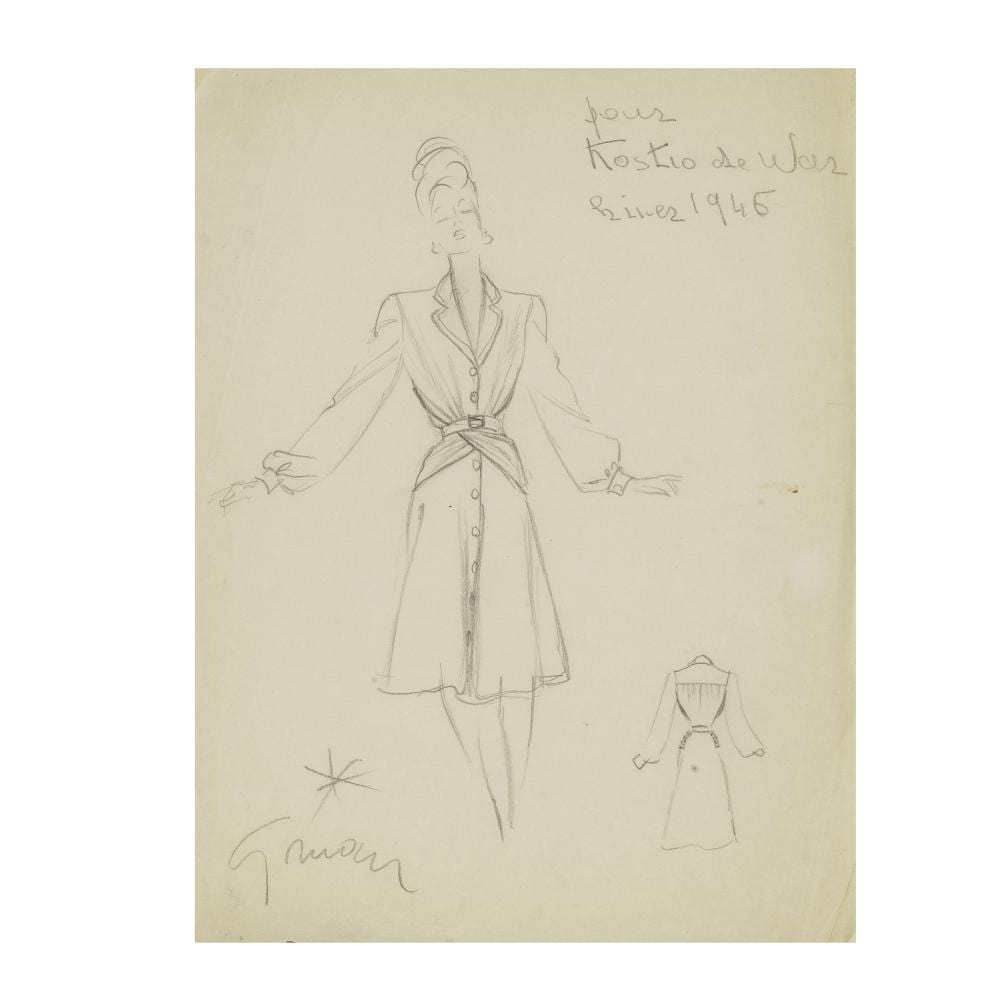 ren gruau 1910 2004 robe manteau pour kostio de war hiver 1946 · Bonhams · 2026-04-14 René Gruau comparable auction result: ren gruau 1910 2004 robe manteau pour kostio de war hiver 1946