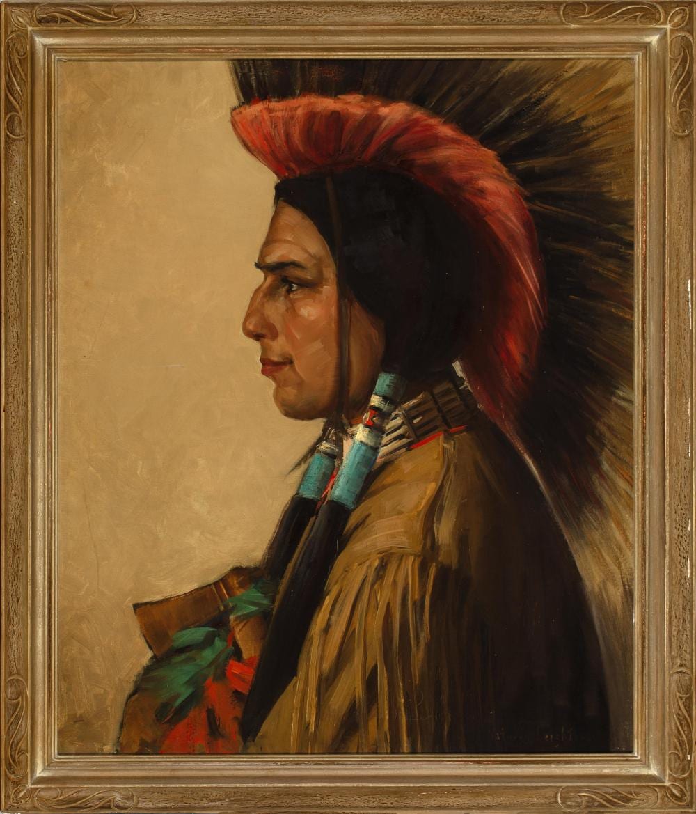 Kathryn Woodman Leighton comparable auction result: kathryn woodman leighton 1875 1952 cherokee brave iron eyes cody circa 1927 oil on canvas