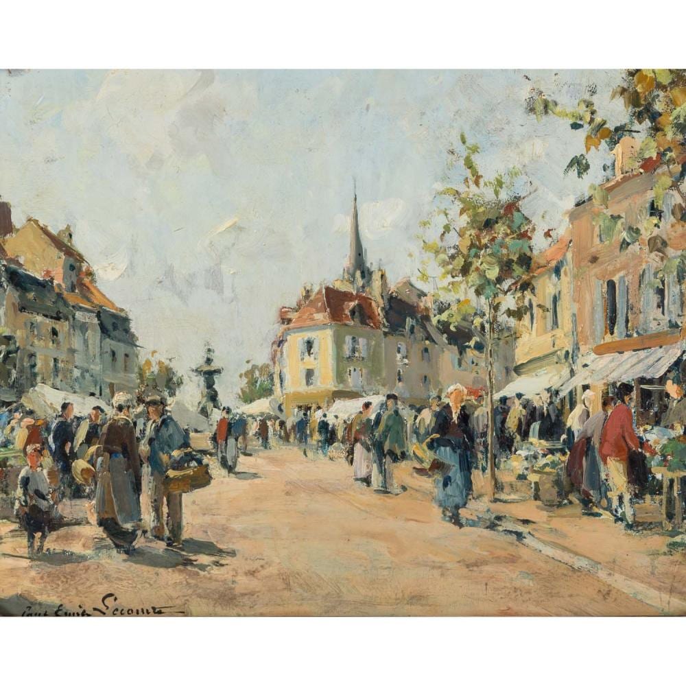 LECOMTE, PAUL EMILE (1877–1950), “Market in a French Town”, sold by Auktionshaus Eppli, lot 1605 — auction record photograph