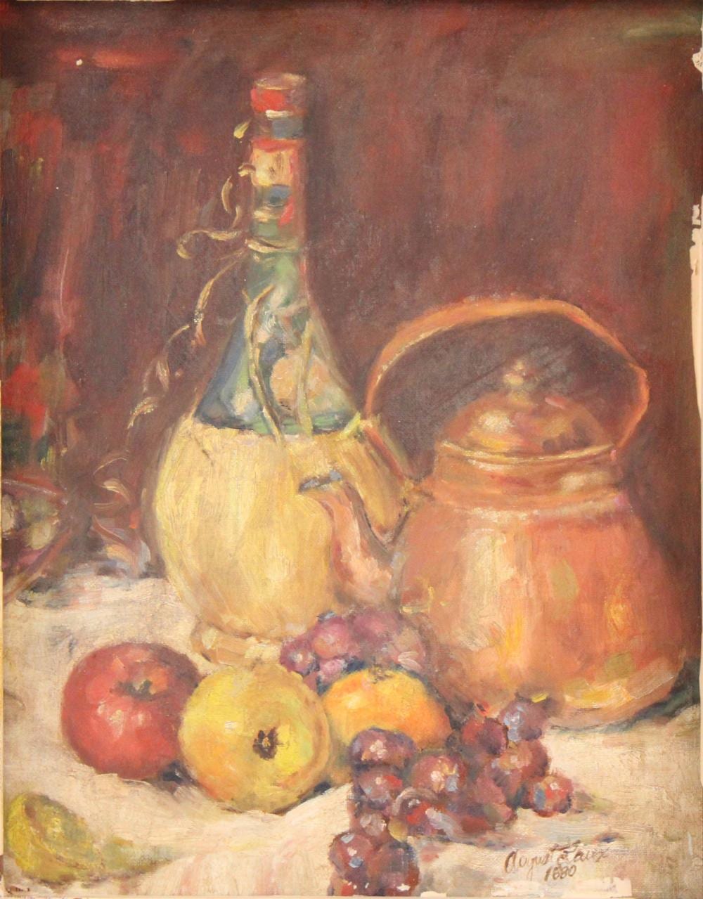 August Laux comparable auction result: august laux 1847 1921 still life of fruit and kettle oil on board