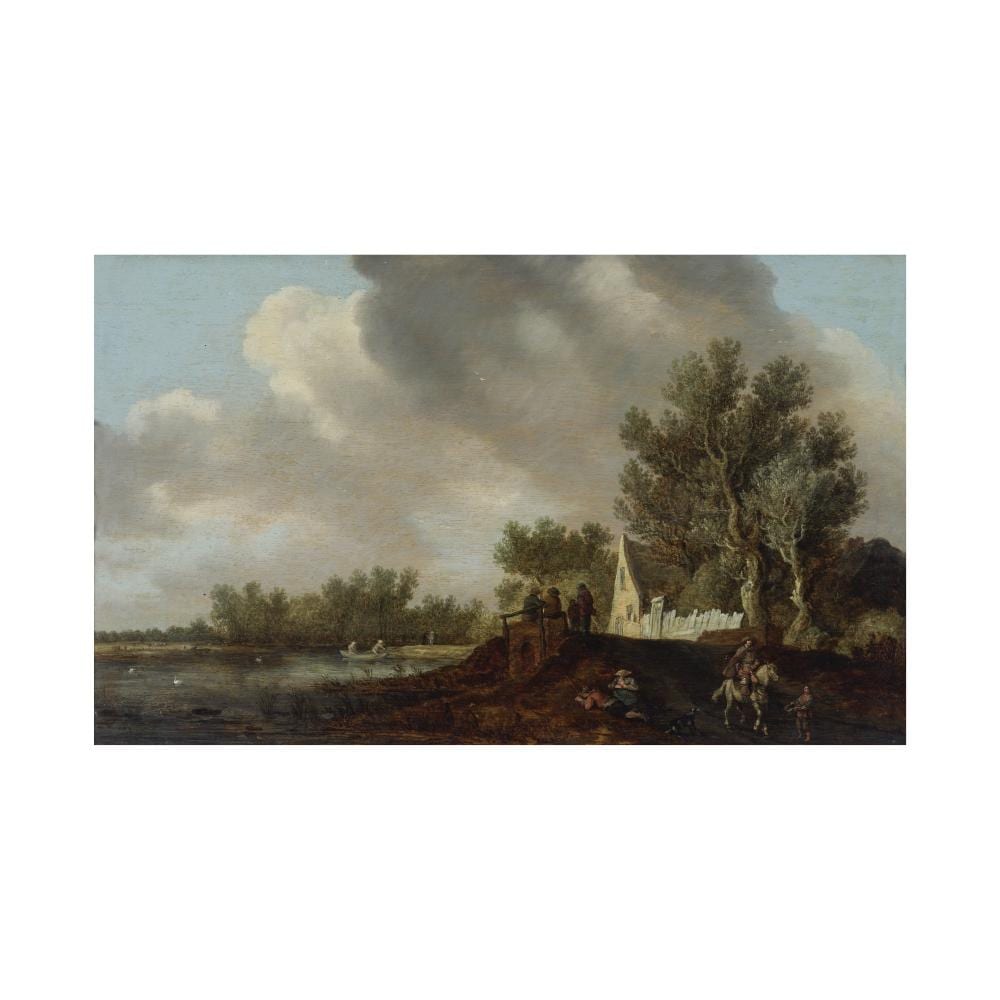 Pieter de Neyn comparable auction result: pieter de neyn leyde 1597 1639 paysage fluvial anim d une barque de p cheurs paysans et voyageur cheval