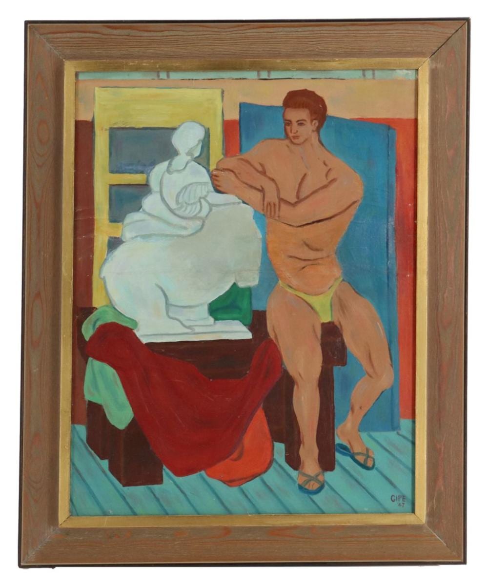 ora gipe 20th century american large 1947 oil on canvas painting of nearly nude man with a statue · Sarasota Estate Auction · 2026-04-18 Ora Gipe comparable auction result: ora gipe 20th century american large 1947 oil on canvas painting of nearly nude man with a statue