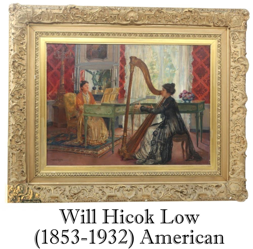 will hicok low 1853 1932 american exhibition oil on canvas the spinet and the harp 1901 · Sarasota Estate Auction · 2026-04-19 Will Hicok Low comparable auction result: will hicok low 1853 1932 american exhibition oil on canvas the spinet and the harp 1901