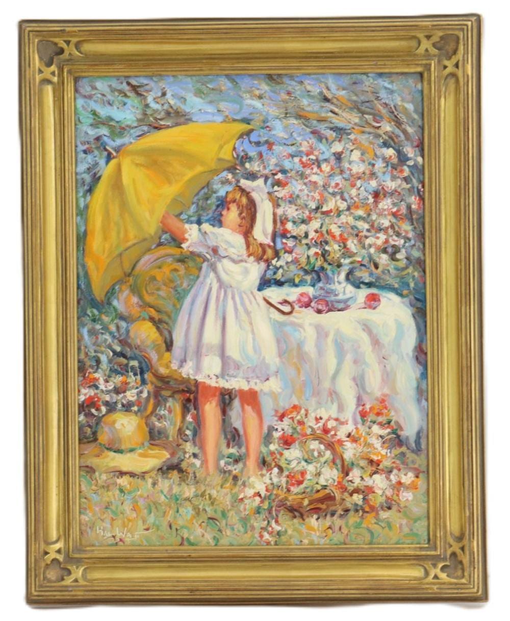Harold Watt comparable auction result: harold watt born 1925 american oil on canvas painting of a girl with umbrella