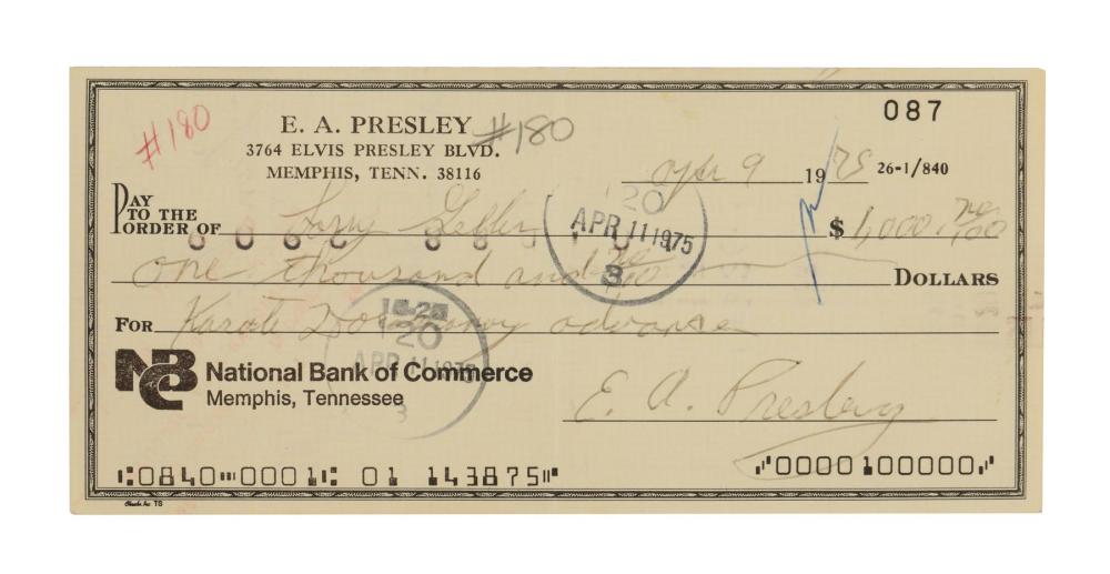 ELVIS PRESLEY - Elvis Presley-Signed Cheque sold by Propstore London, lot 109 — auction record photograph