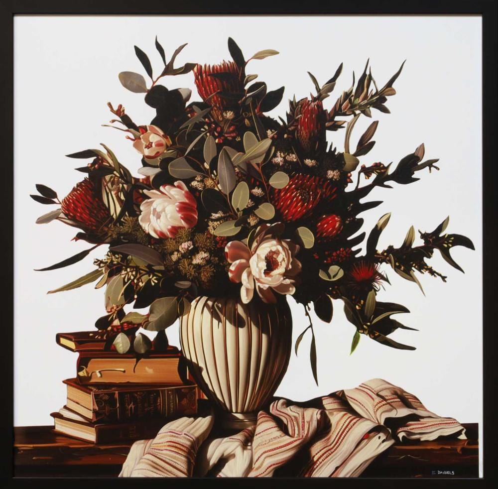 Elizabeth Daniels comparable auction result: elizabeth daniels still life with bottle brushes mixed media digital giclee on alluminium 64cm x 65cm