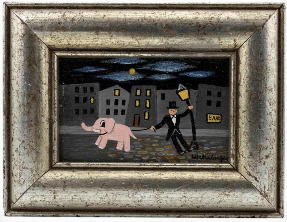 Charles Wehringer comparable auction result: charles wehringer new york 20th c miniature painting of man with elephant oil on board