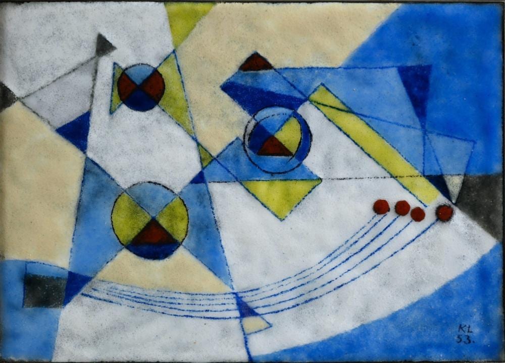 Kurt Lewy comparable auction result: kurt lewy 1953 enamel on ceramic abstract comp
