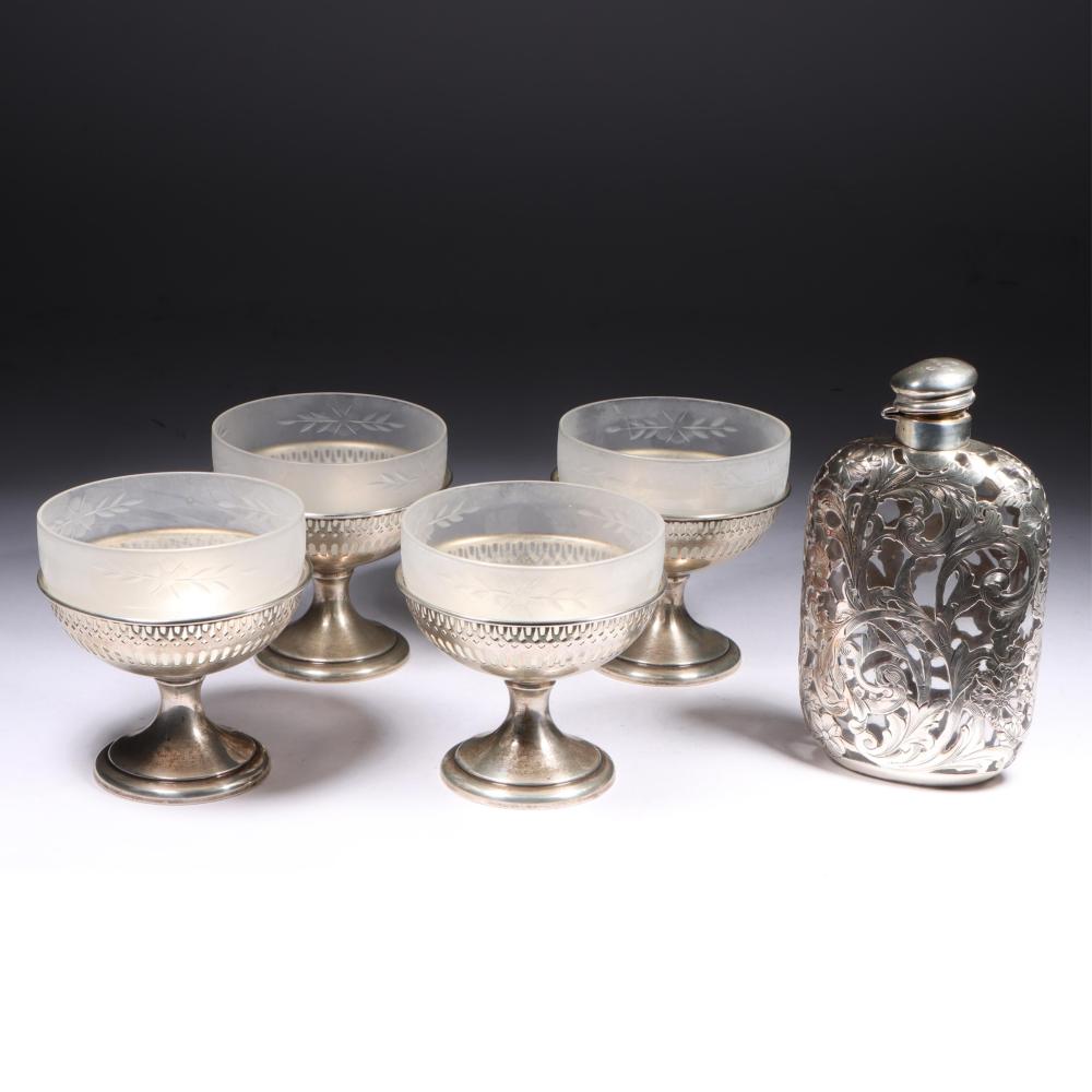 Vintage Sterling Silver frosted glass insert Ice Cream Dishes and Antique Silver Overlay Glass Flask, 5pc, 4.180 Troy Oz. 5 1/2"H x 3 1/4"W (flask measured) sold by Ripley Auctions, lot 222 — auction record photograph