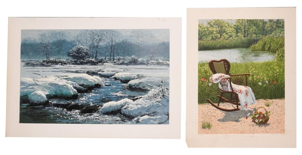 helen rundell american b 1953 rocking chair by the river lithograph in color signed l r and numbered 90 295 l l and an unsigned winter landscape serigraph each unframed · Weschler's · 2026-04-14 Helen Rundell comparable auction result: helen rundell american b 1953 rocking chair by the river lithograph in color signed l r and numbered 90 295 l l and an unsigned winter landscape serigraph each unframed