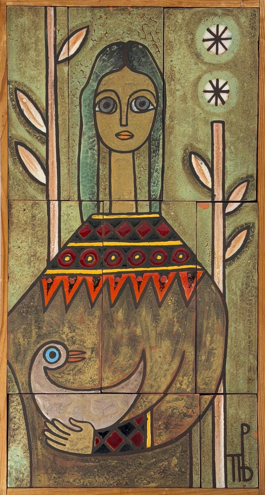 Panos Valsamakis comparable auction result: panos valsamakis woman and bird ceramic tile mosaic