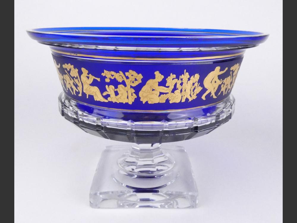 Glassware: Val Saint Lambert cut crystal Borodino bowl with antique-style decoration and gold and cobalt blue highlights sold by Monsantic.com, lot 17 — auction record photograph
