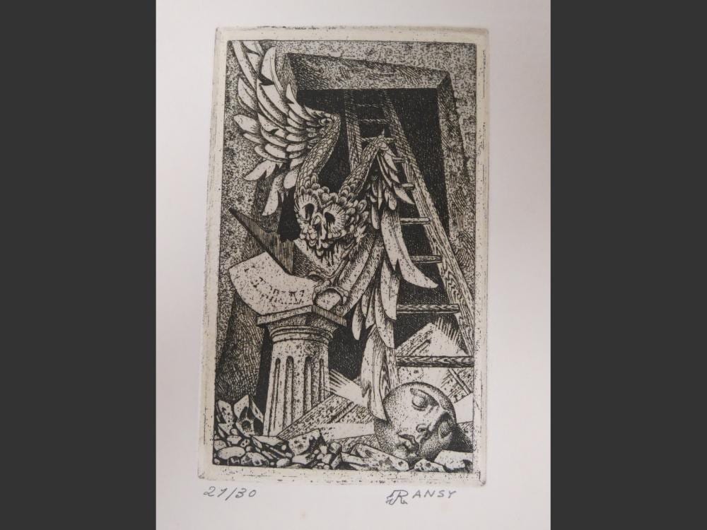 Jean Ransy comparable auction result: engraving etching composition with an owl no 21 30 signed by jean ransy