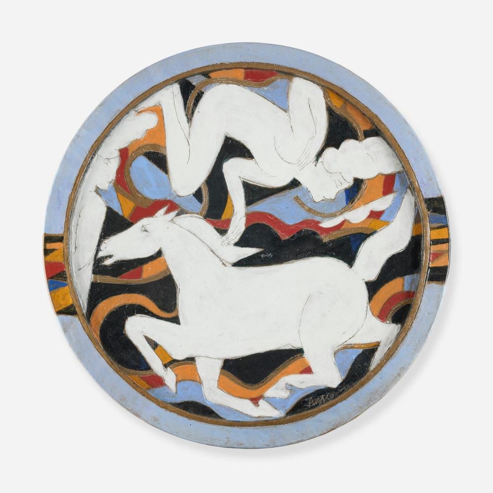 Rudy Autio comparable auction result: rudy autio monumental charger with nude and horse