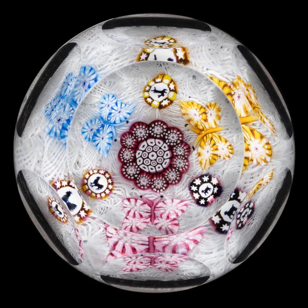 John Deacons comparable auction result: john deacons scottish b 1950 butterfly and silhouette millefiori art glass paperweight