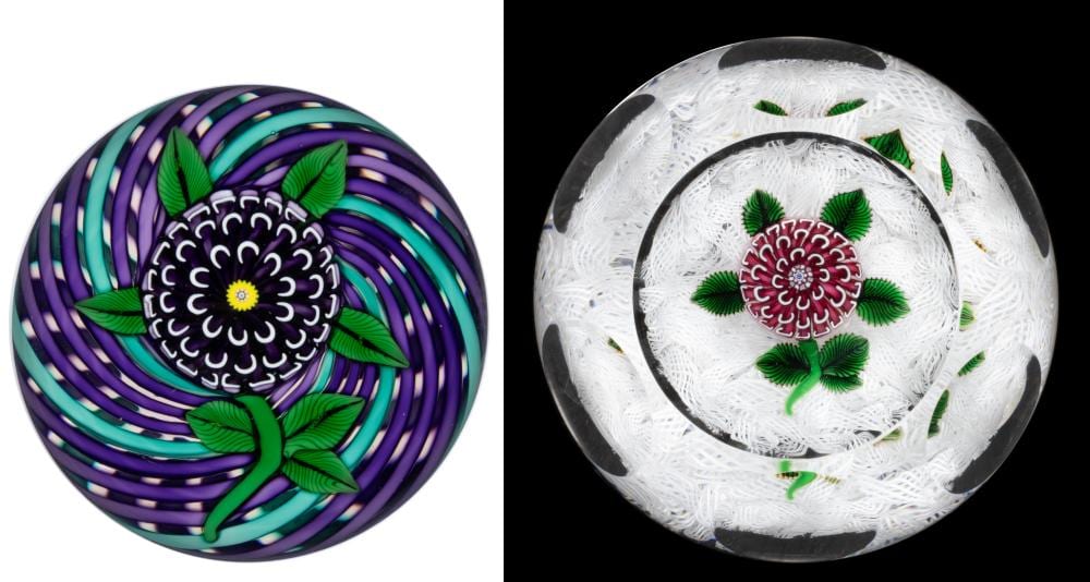 John Deacons comparable auction result: john deacons scottish b 1950 camomile floral art glass paperweights lot of two