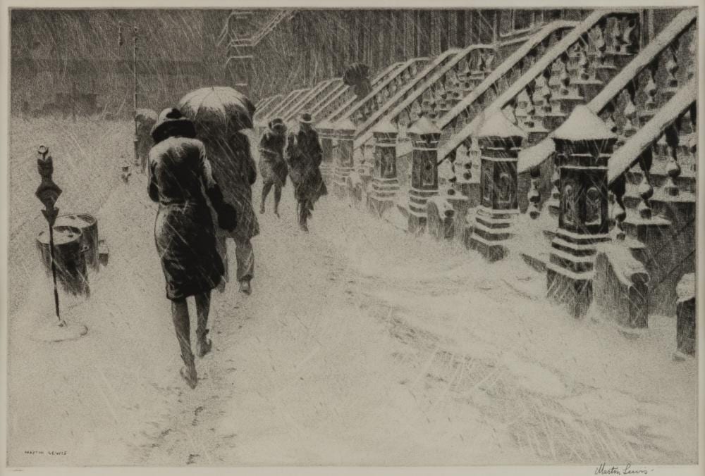 Martin Lewis comparable auction result: martin lewis australian american 1881 1962 stoops in snow