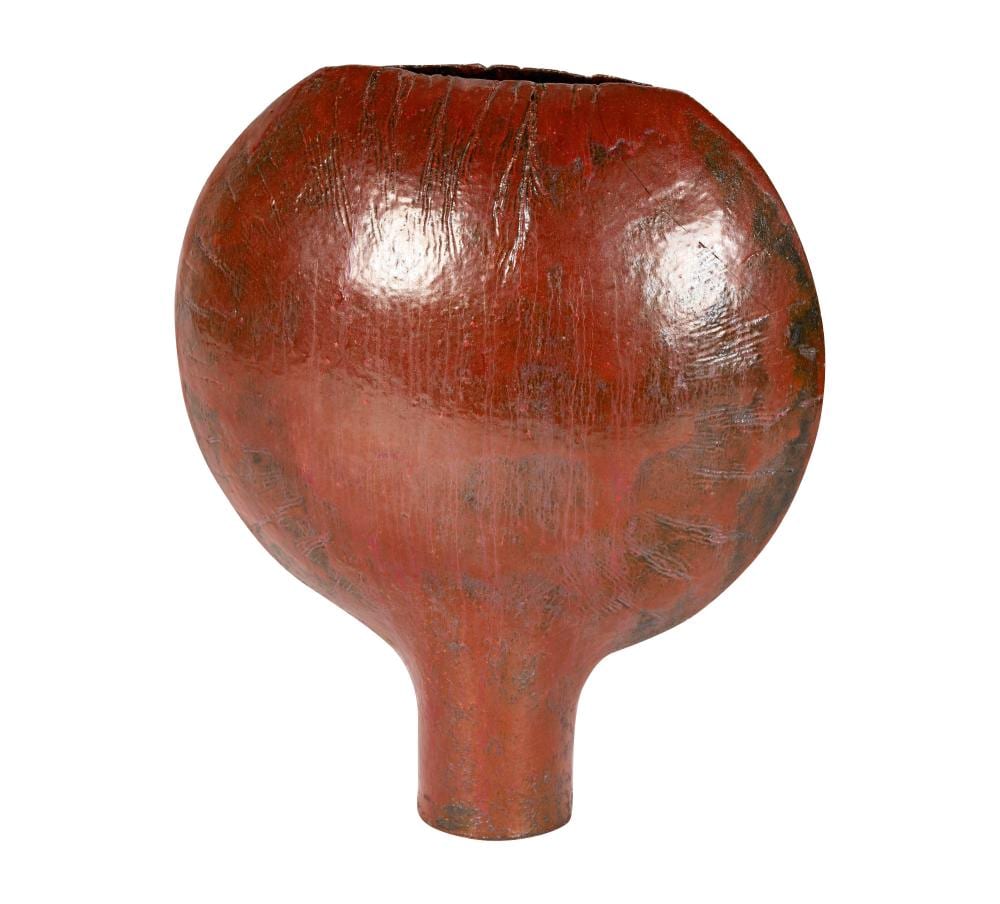 otto natzler 1908 2007 cherry red circular open disk vase · Abell Auction · 2026-04-21 Otto Natzler comparable auction result: otto natzler 1908 2007 cherry red circular open disk vase
