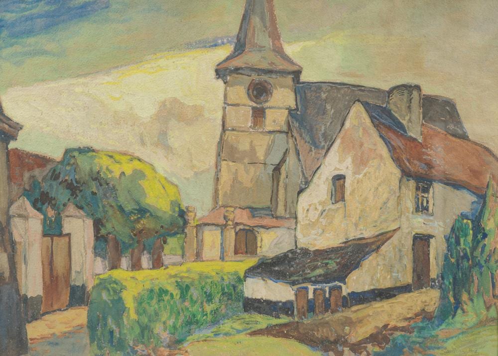 paul cauchie 1875 1952 village view mixed media on paper · Coronari Auctions · 2026-04-25 Paul Cauchie comparable auction result: paul cauchie 1875 1952 village view mixed media on paper