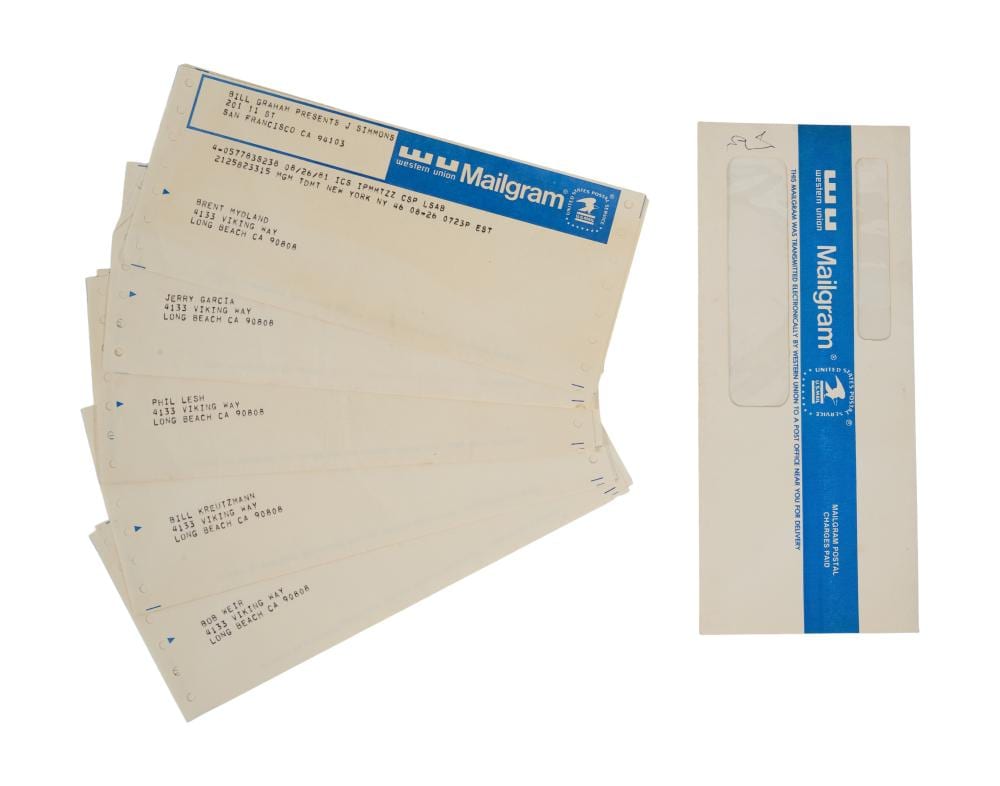 bill graham 1981 telegrams to all grateful dead band members · Julien's Auctions · 2026-04-22 Bill Graham comparable auction result: bill graham 1981 telegrams to all grateful dead band members